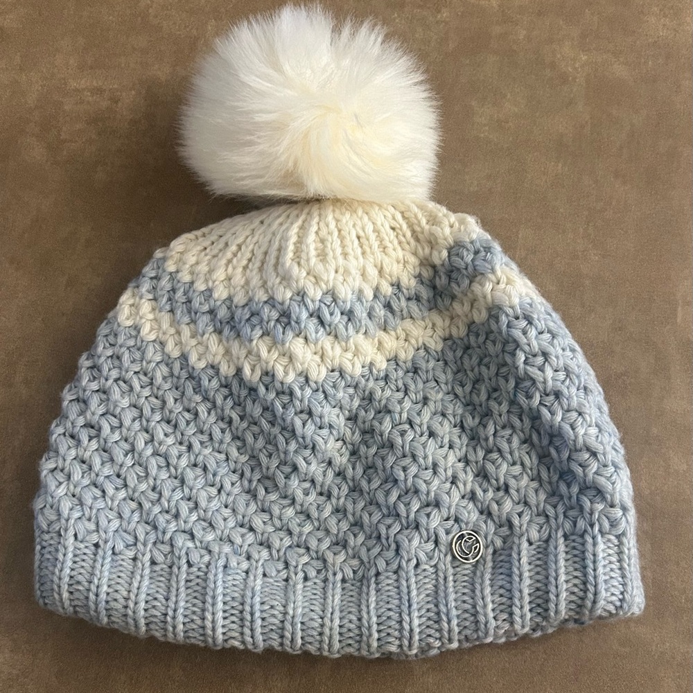 Woman’s CHAOS Blue and Cream Knit Beanie with Pom Pom